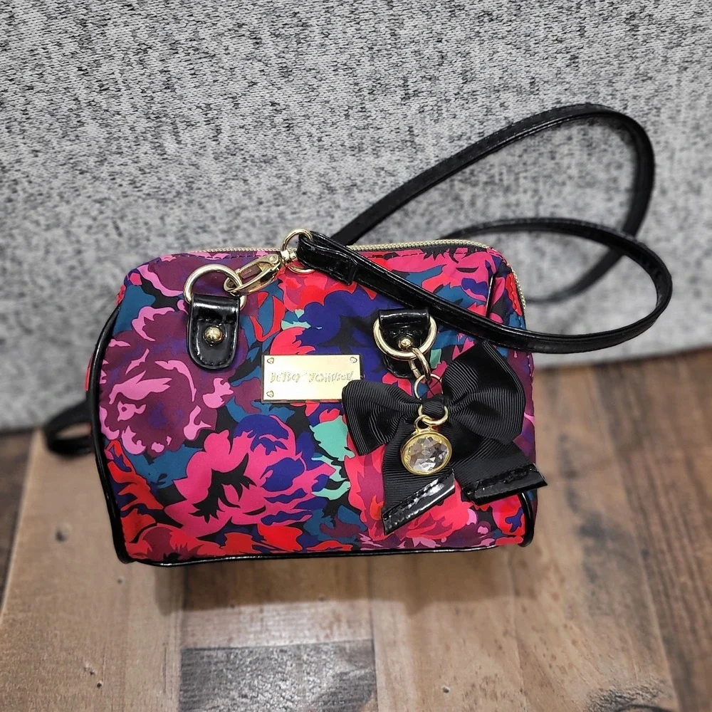 Betsey Johnson Floral Mini Satchel Crossbody Bag Bow Charm READ Flaw